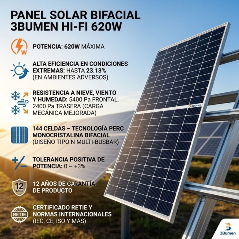 Panel solar monocristalino bifacial de 620W 3bumen en funcionamiento.
